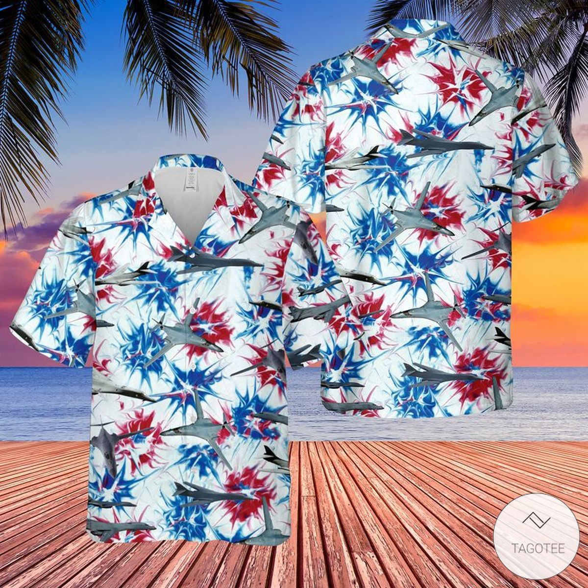 US Air Force Rockwell Lancer Red White Blue Tie Dye Hawaiian Shirt