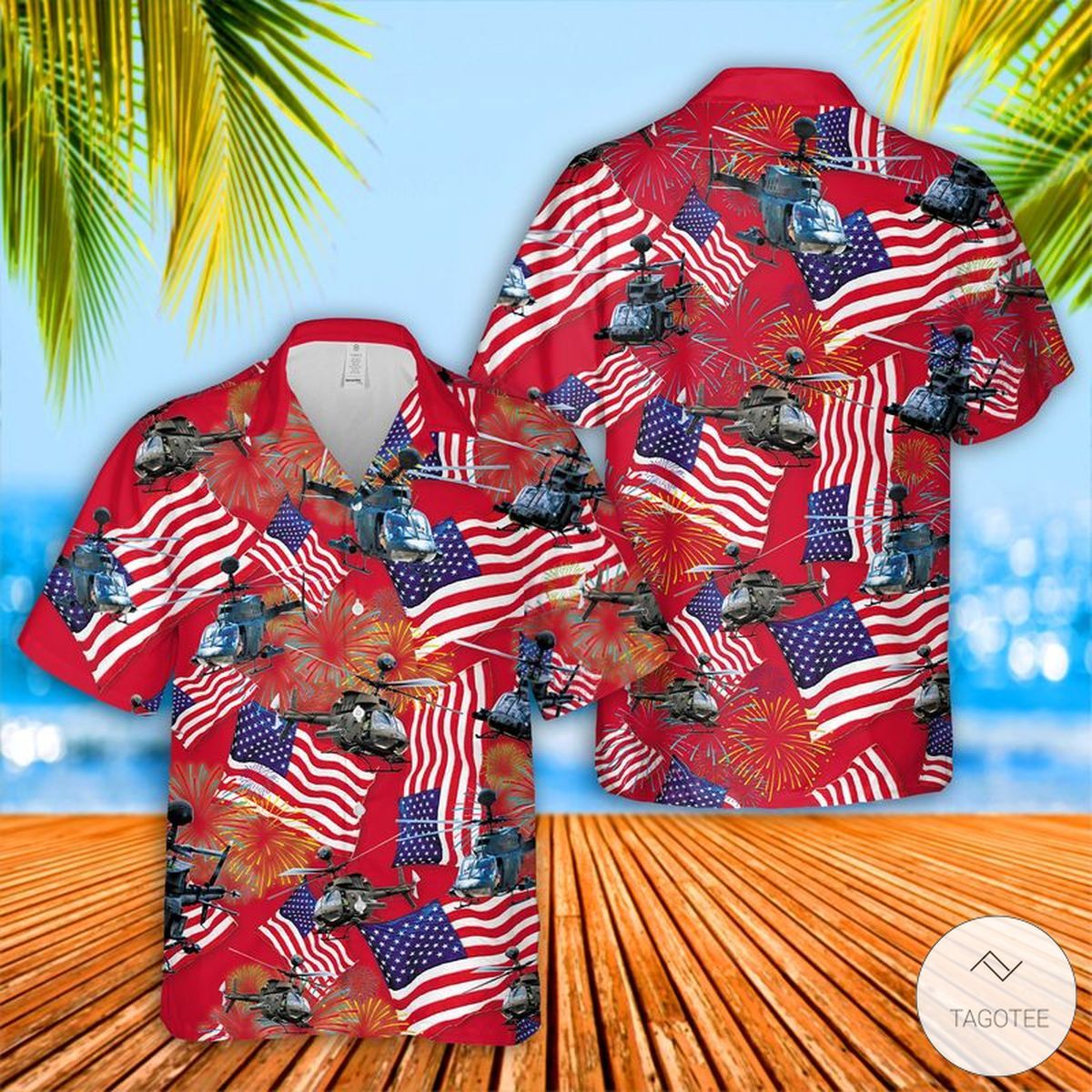 US Army Bell Kiowa 4tJuly Hawaiian Shirt Stars Stripes Theme