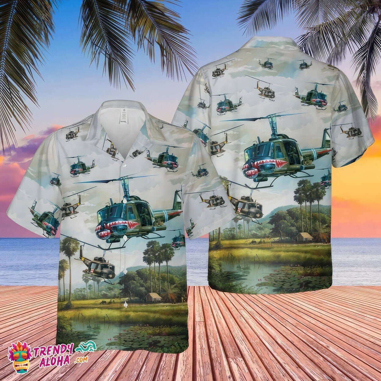 US Army Iroquois UH-1 Huey Themed Summer Beach Hawaiian Shirt