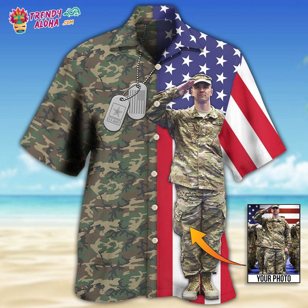 Us Army Tropical Us Flag Custom Photo Hawaiian Shirt – Trendy Aloha