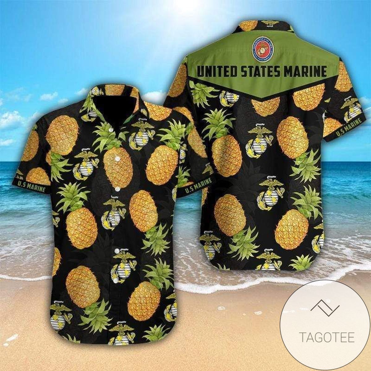 US Marine Symbol Paired witPineapples on a Hawaiian Shirt