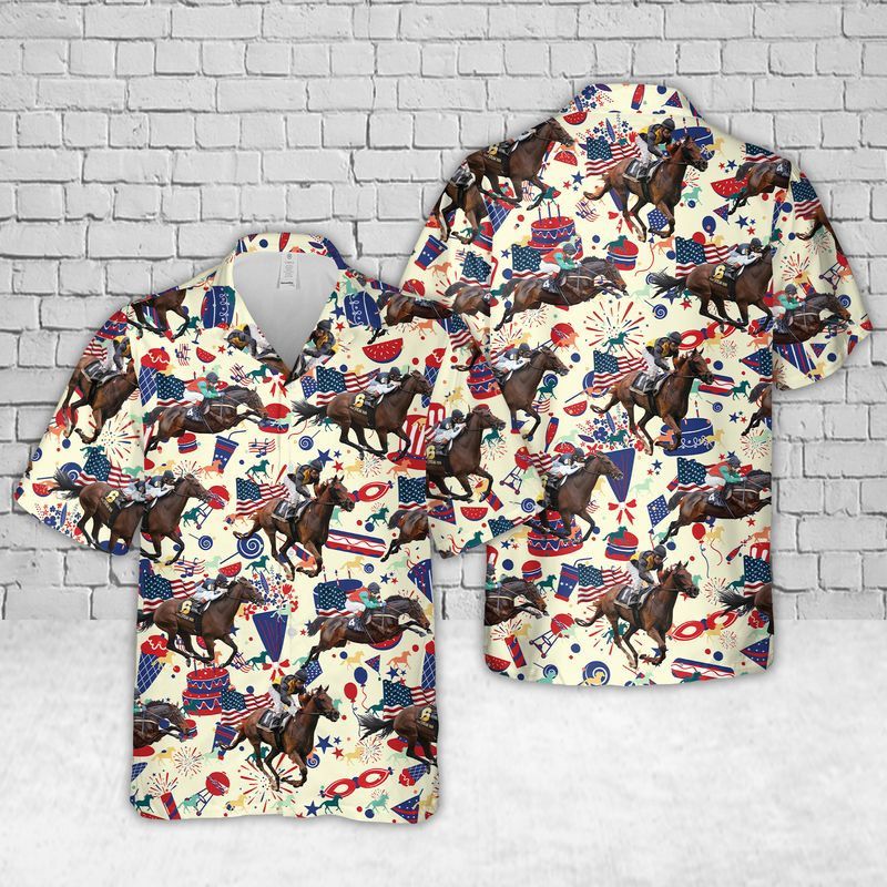Us Thoroughbred Horse Racing, 4Th Of July Trendy Hawaiian Shirt, Short Sleeve Trendy Hawaiian Shirt For Men