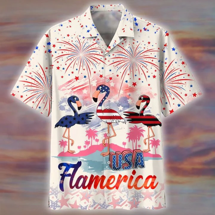 Usa Flamerica Trendy Hawaiian Shirt For 4Th Of Jul, Summer Flamingo Aloha Beach Shirt For Men And Womens, Unisex Trendy Hawaiian Shirt