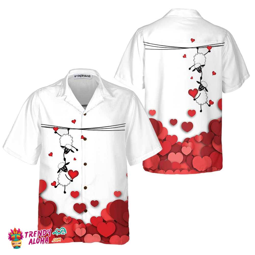 Valentine Sheep With Red Hearts Hawaiian Shirt, Valentine Day Shirt For Couples, Valentine Day Gift Ideas