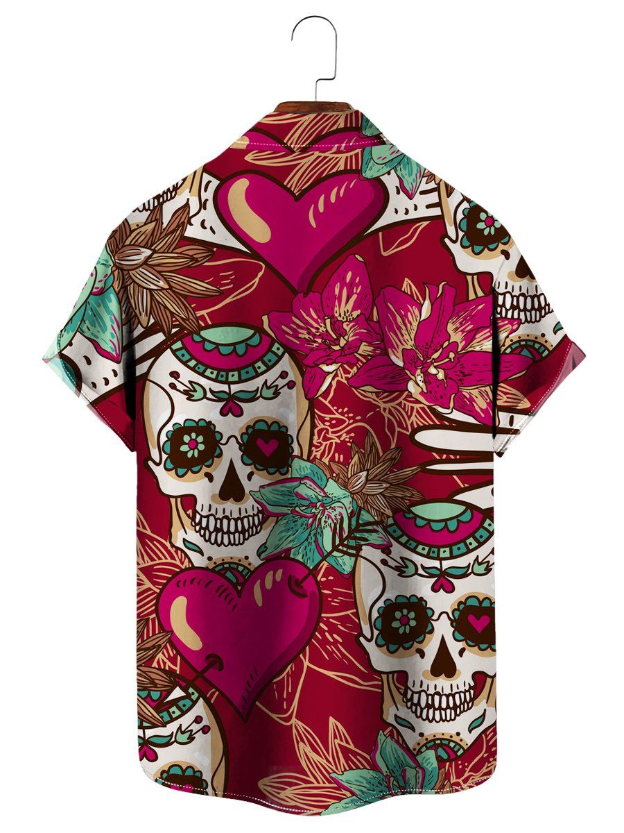 Valentine’s Day Casual Skull Heart Print Short Sleeve Summer Hawaiian Shirt