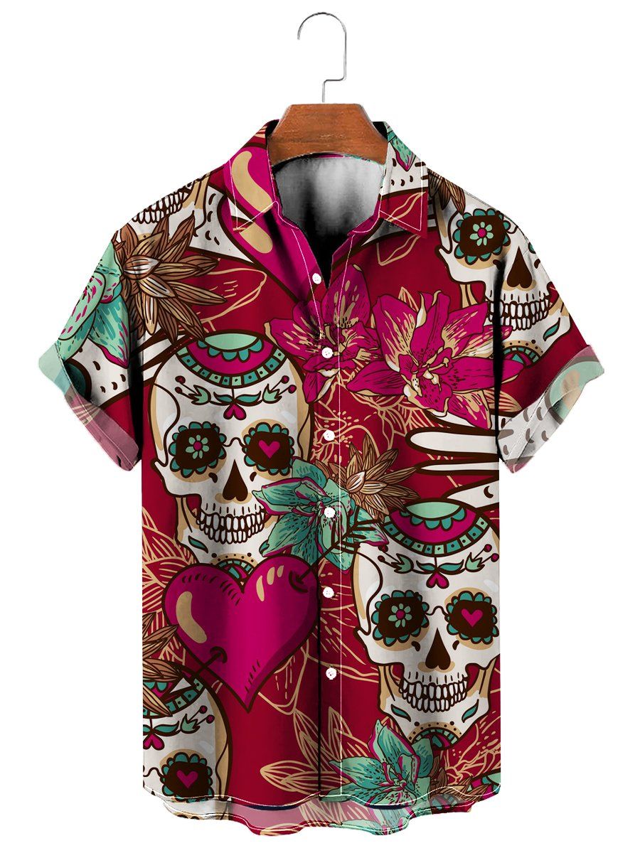 Valentine’s Day Casual Skull Heart Print Short Sleeve Summer Hawaiian Shirt