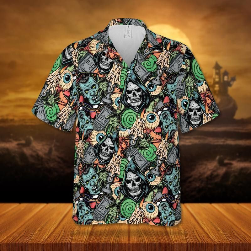 Vampires Zombies Theme on Hawaiian Halloween Shirt