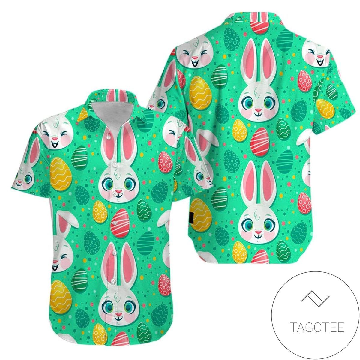 Verdant Green Easter Scene with Bunny Holding Egg Hawaiian Shirt