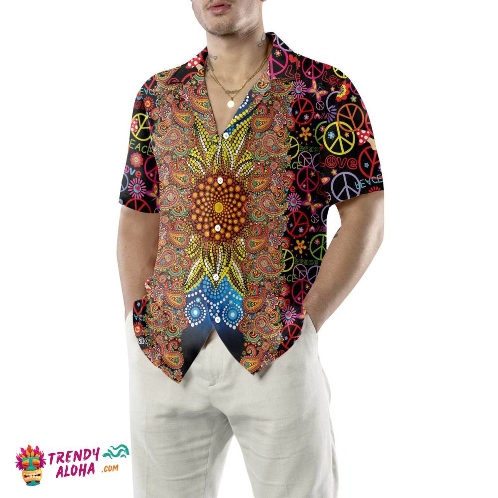 Vibrant Color Hippie Hawaiian Shirt, Hippie Peace Sign Pattern Shirt, Unique Hippie Gift
