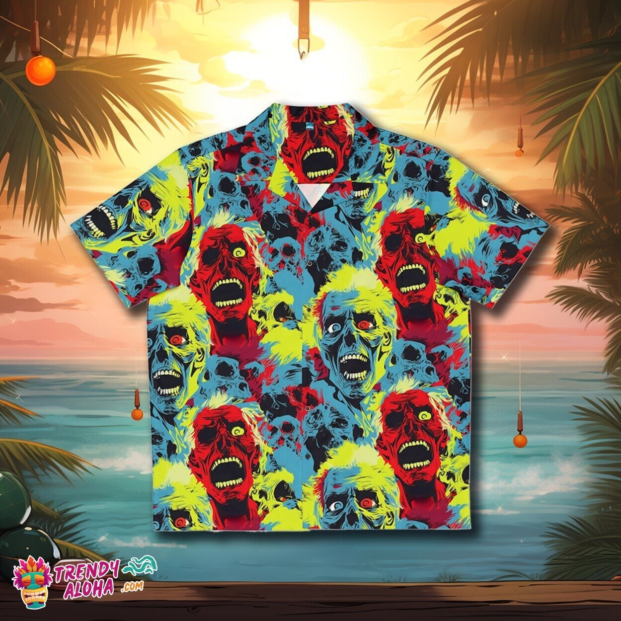 Vibrant Día de Muertos Sugar Skulls Blue and Pink Hawaiian Shirt