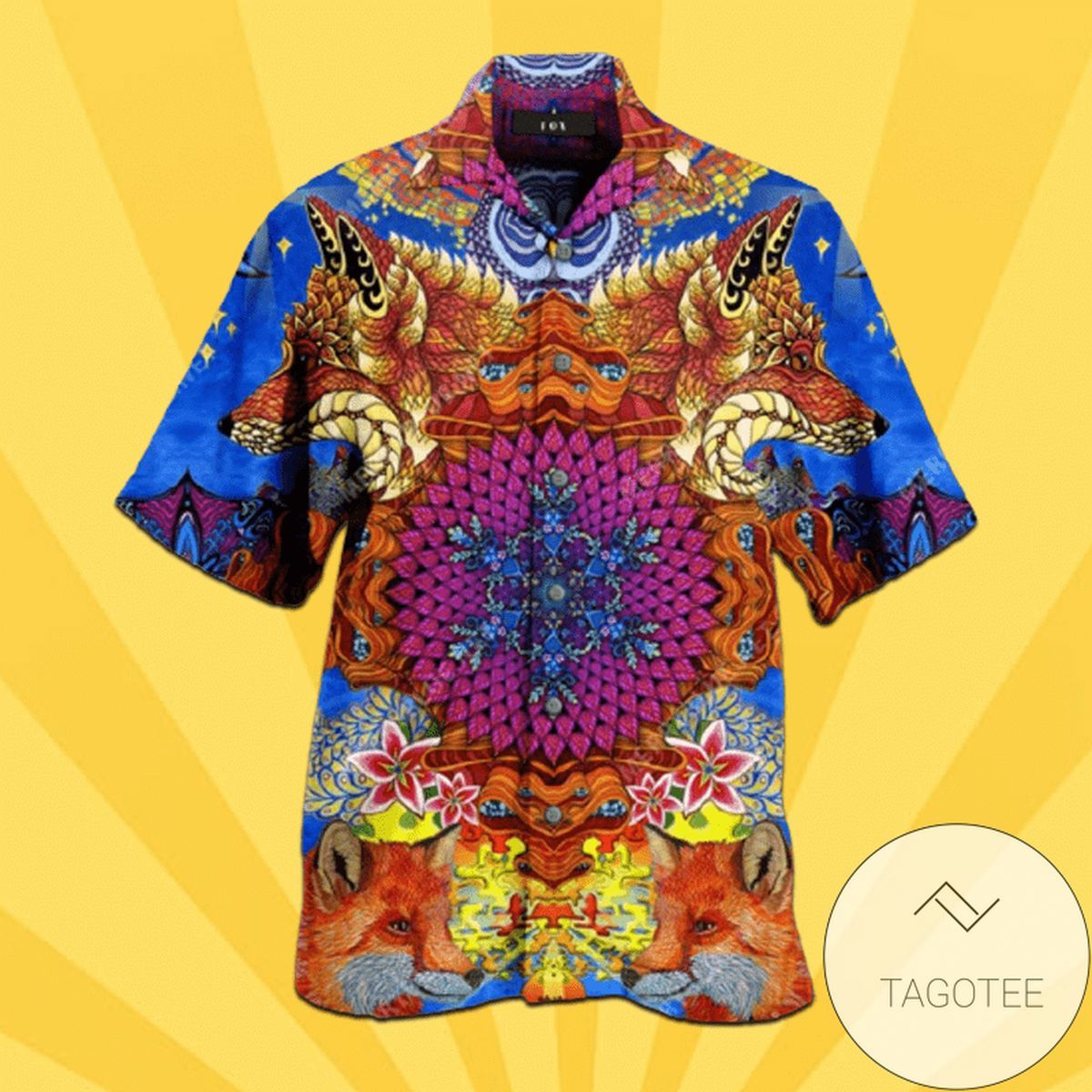 Vibrant Fox Patterns Dancing on Colorful Hawaiian Shirt Canvas