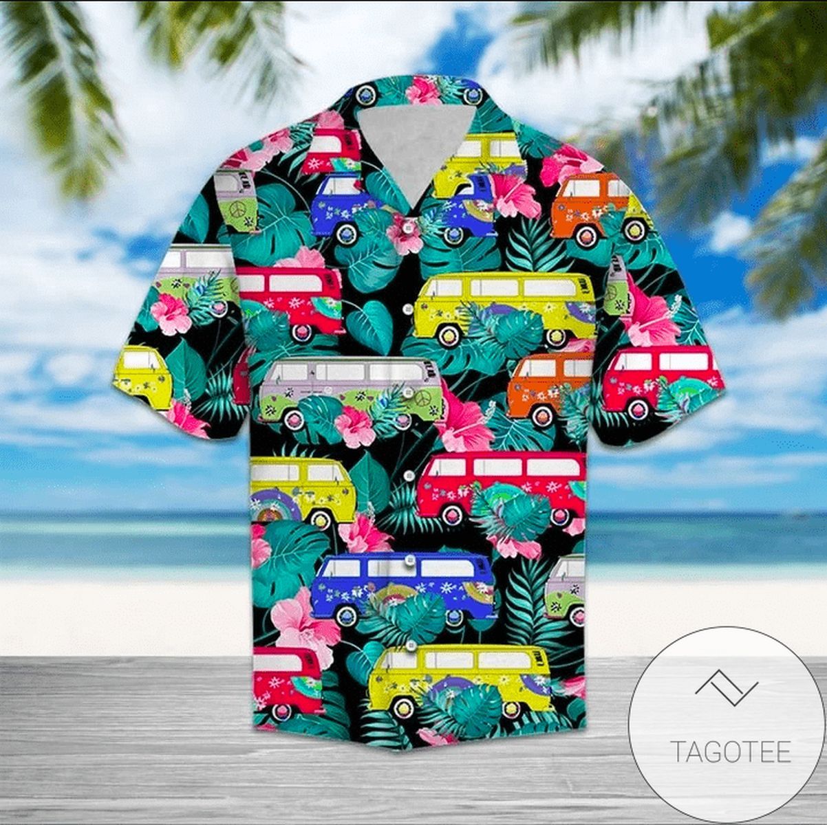 Vibrant Hawaiian Shirt with Hippie Car Designs Relive the 70s in Style