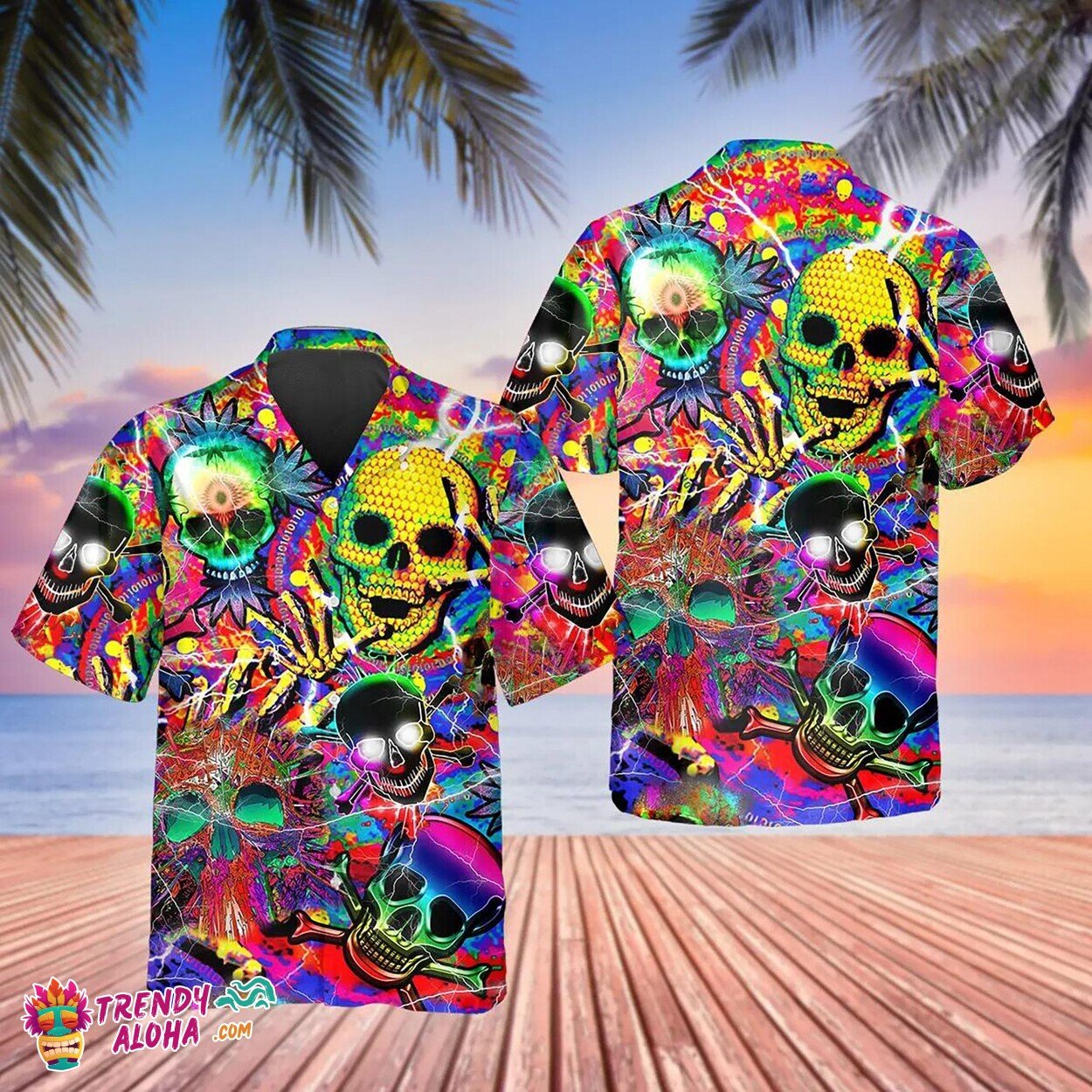 Vibrant Neon Skull Themed Aloha Beach Short Sleeve Hawaiian Shirt