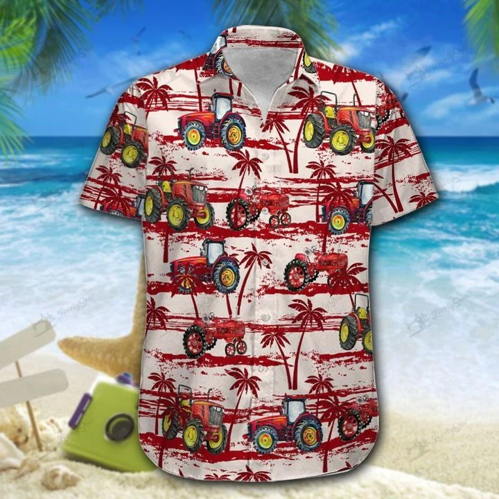 Vibrant Red Tractor Design 3D Hawaiian Shirt Unique Printed Style