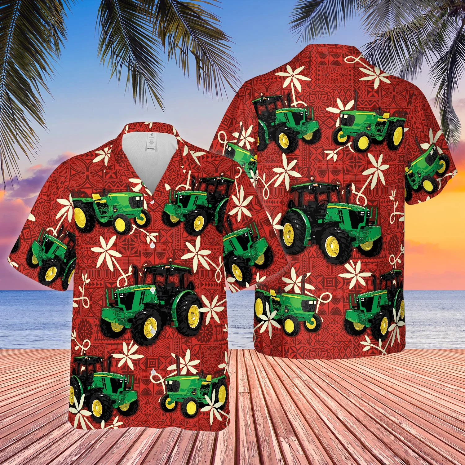 Vibrant Red Tractor Pattern 3D Hawaiian Shirt Stylish All Over Design