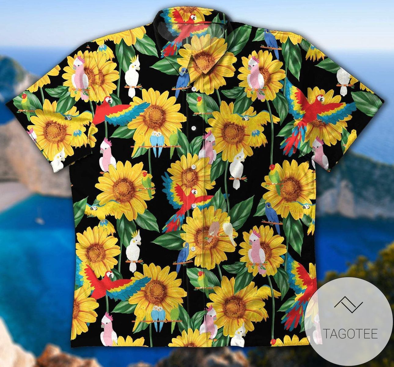 Vibrant Sunflower Parrot Themed Hawaiian Shirt Unique Design