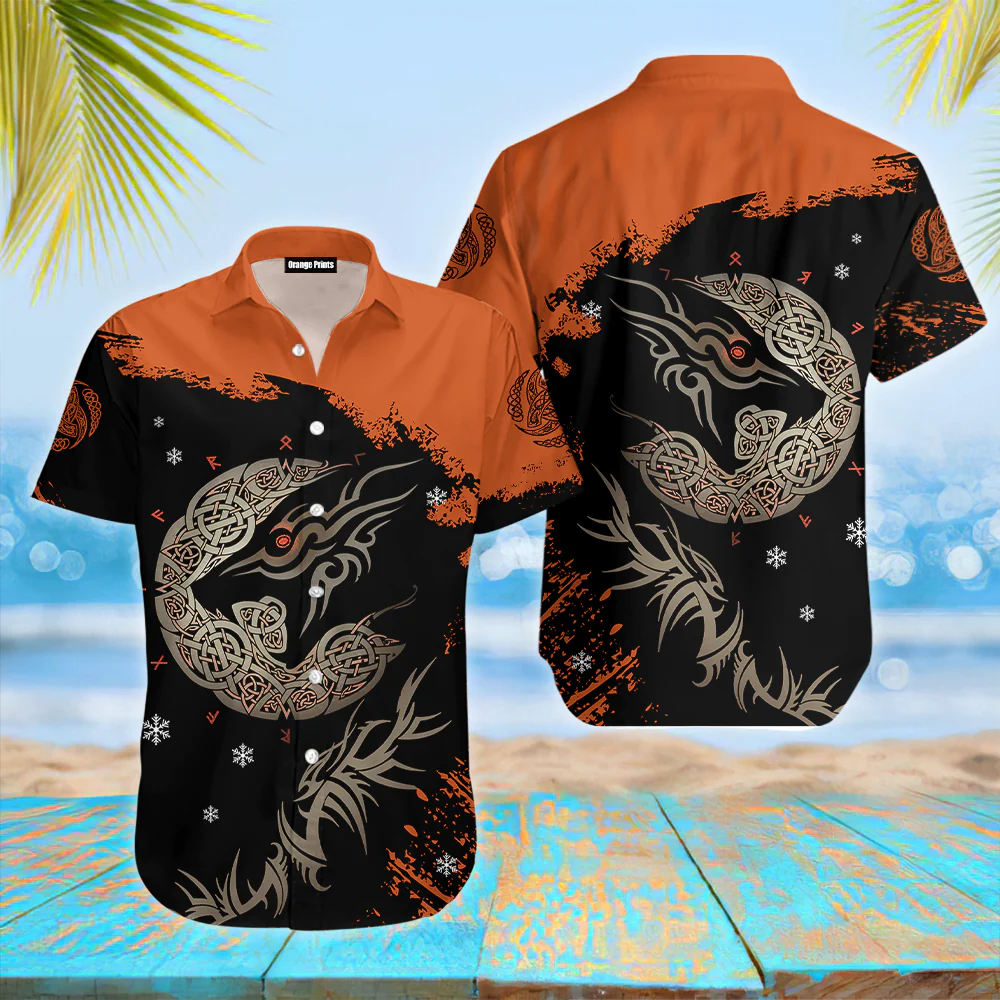 Viking Fenrir Wolf On Fire Hawaiian Shirt For