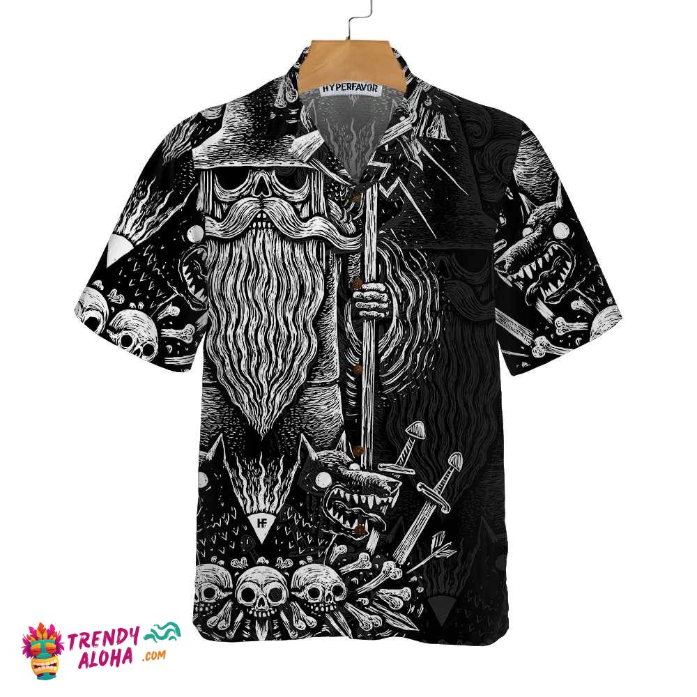 Viking God Odin Hawaiian Shirt, Black And White Viking Odin Norse Mythology Shirt