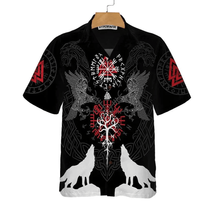Viking Raven And Wolf White Silhouette Trendy Hawaiian Shirt