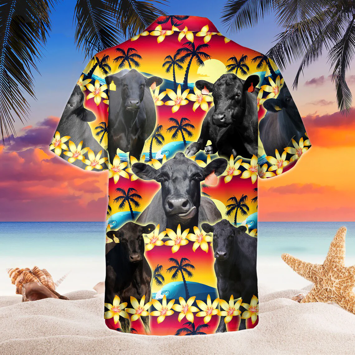 Vintage Black Angus Tropical Sunset Hibiscus And Palm Tree All Over Printed 3D Hawaiian Shirt