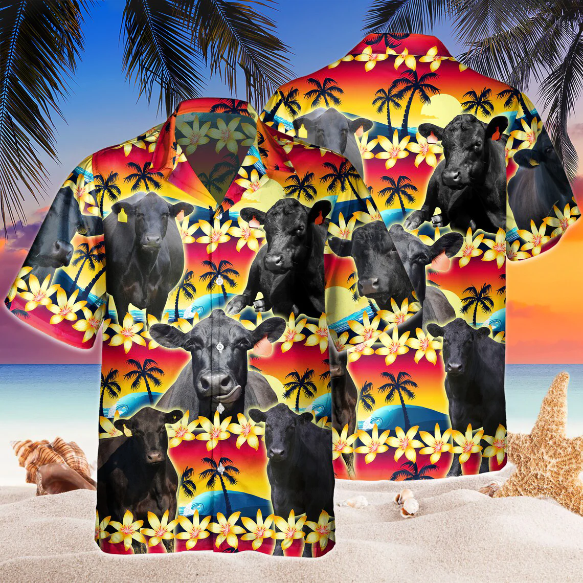 Vintage Black Angus Tropical Sunset Hibiscus And Palm Tree All Over Printed 3D Hawaiian Shirt