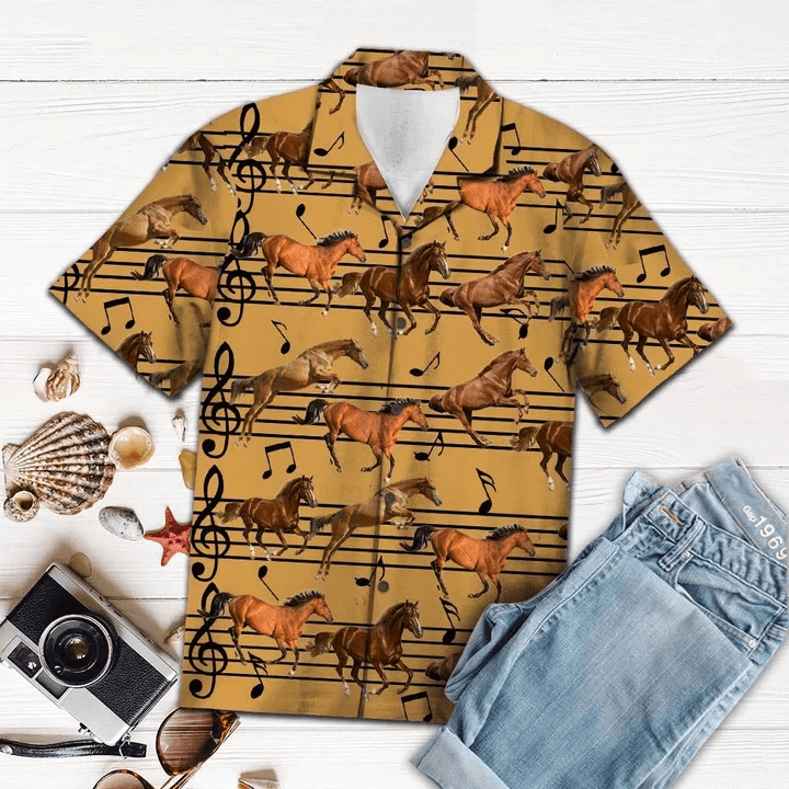 Vintage Brown Horse Love Music Notes Pattern Trendy Hawaiian Shirt
