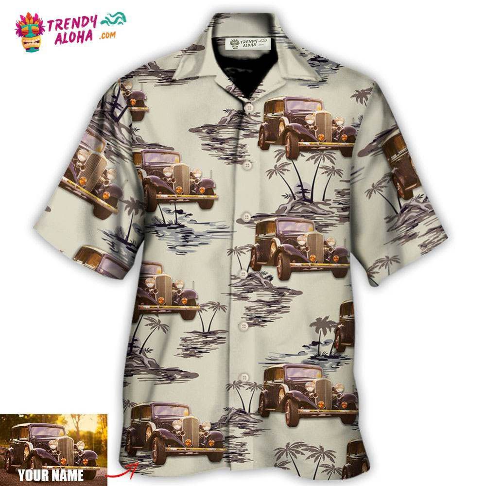 Vintage Car Deserted Island Pattern With Palm Trees Custom Photo Hawaiian Shirt – Trendy Aloha