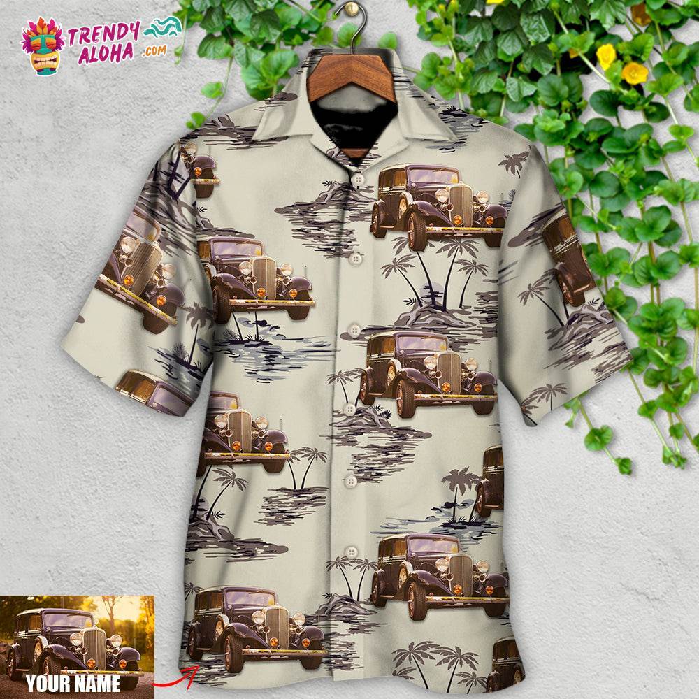 Vintage Car Deserted Island Pattern With Palm Trees Custom Photo Hawaiian Shirt – Trendy Aloha