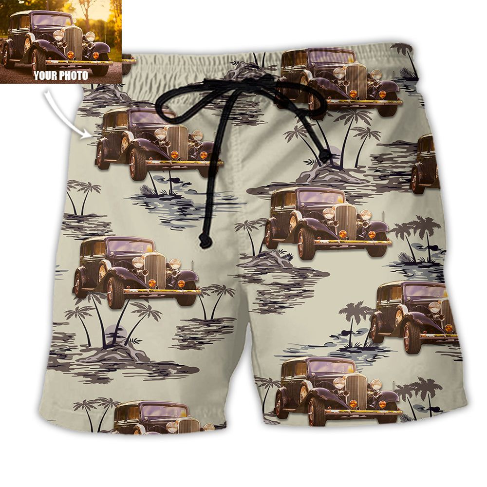 Vintage Car Deserted Island Pattern With Palm Trees Custom Photo Trendy Aloha Hawaiian Beach Shorts Vintage Car Deserted Island Pattern With Palm Trees Custom Photo Trendy Aloha Hawaiian Beach Shorts