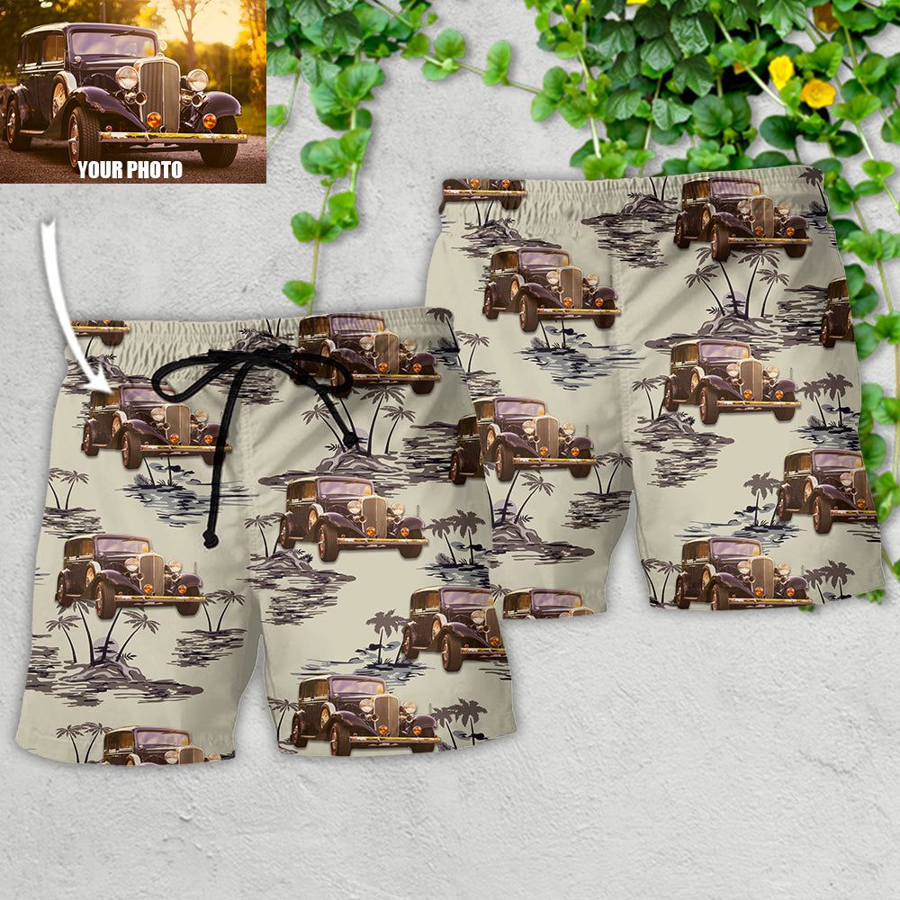 Vintage Car Deserted Island Pattern With Palm Trees Custom Photo Trendy Aloha Hawaiian Beach Shorts