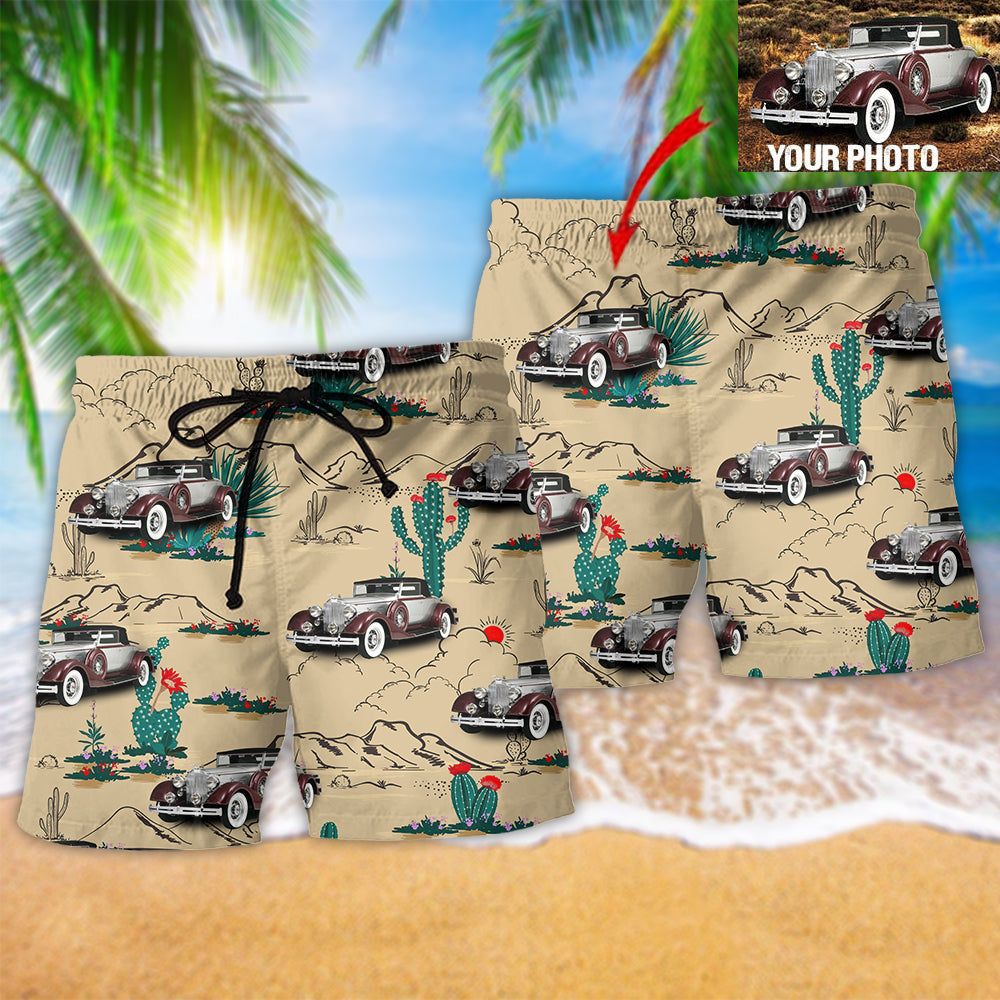 Vintage Car On The Desert Basic Style Custom Photo Trendy Aloha Hawaiian Beach Shorts