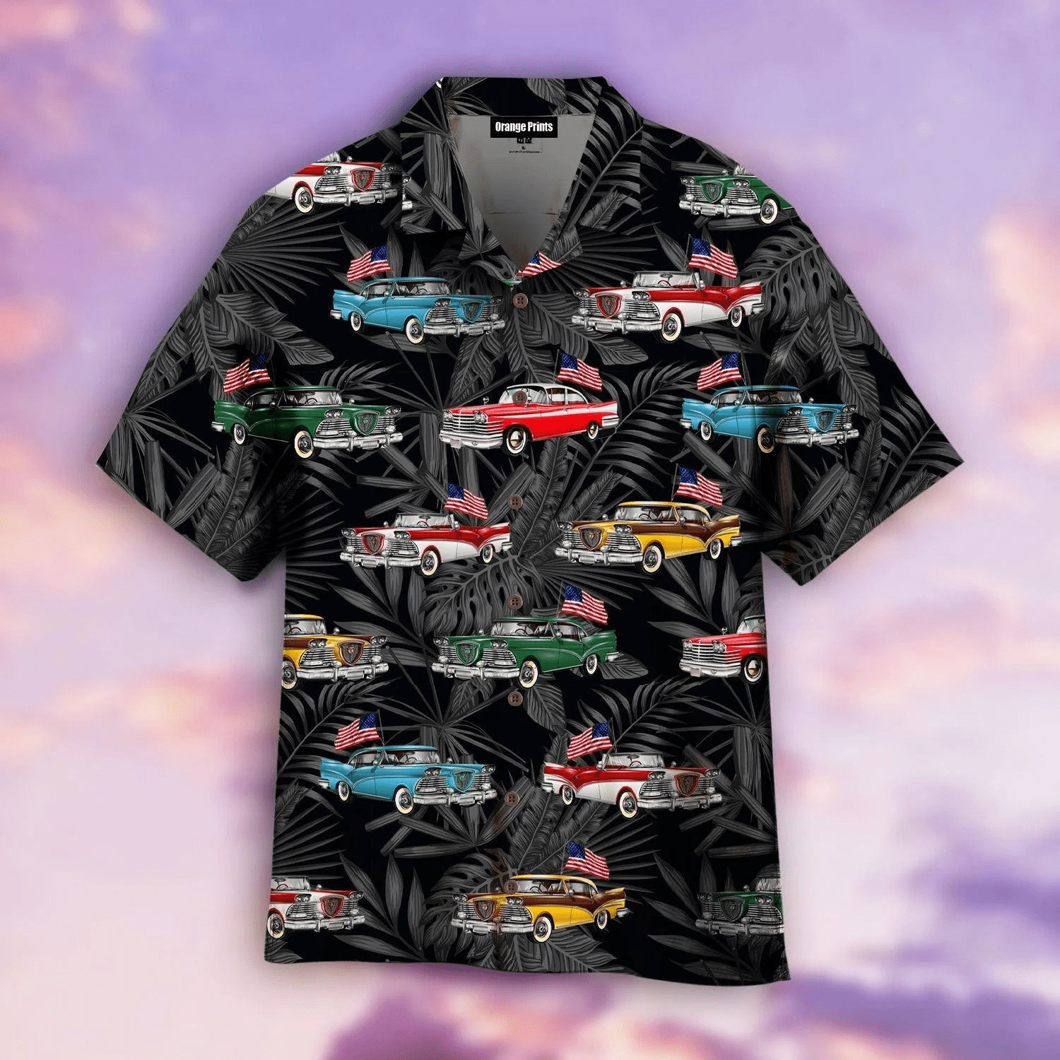 Vintage Car With American Flag Trendy Hawaiian Shirt For