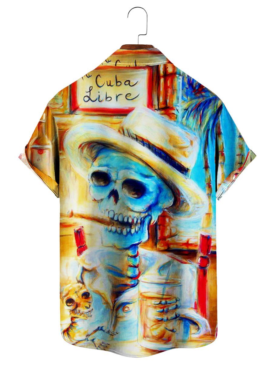 Vintage Casual Short Sleeve Shirt Art Skull Button Shirt