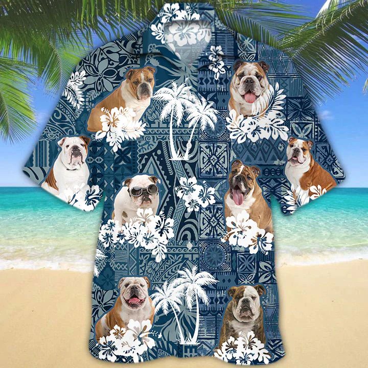 Vintage English Bulldog Hawaiian Shirt with Flowers