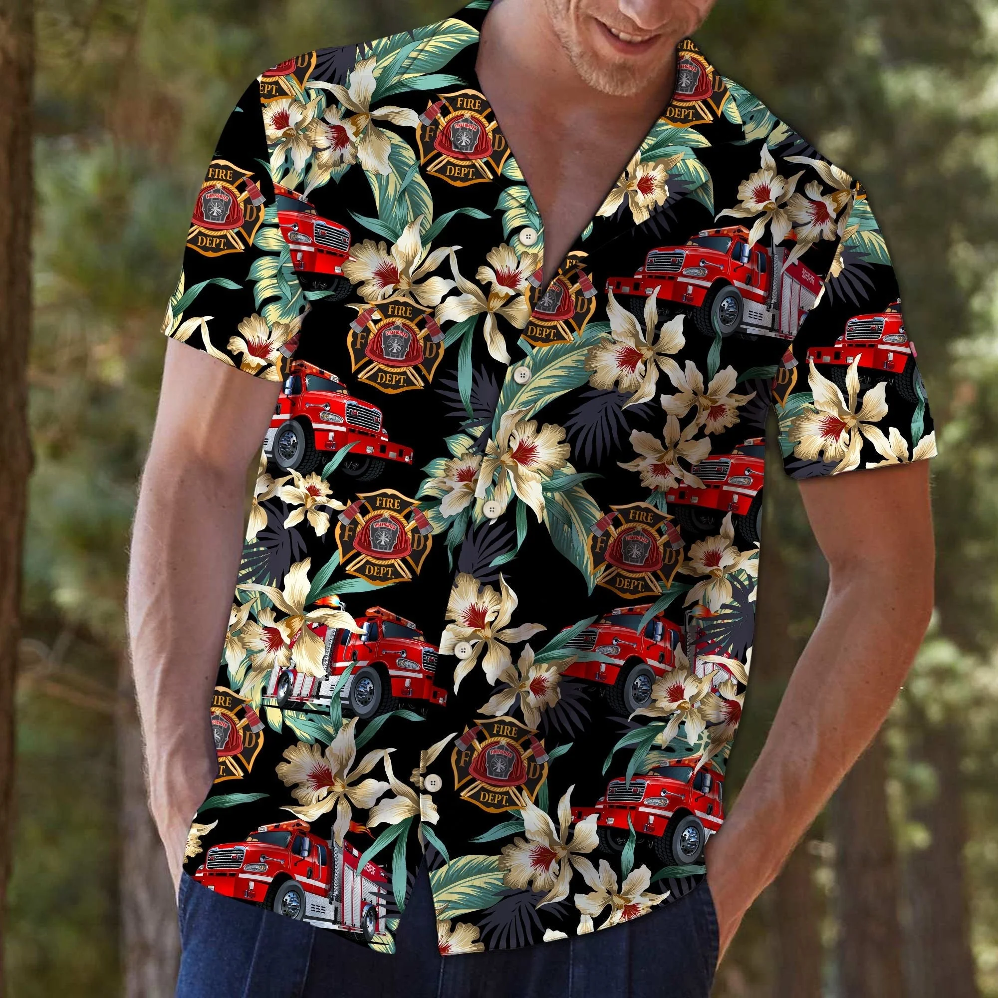 Vintage Floral Design Firefighter Hawaiian Shirt