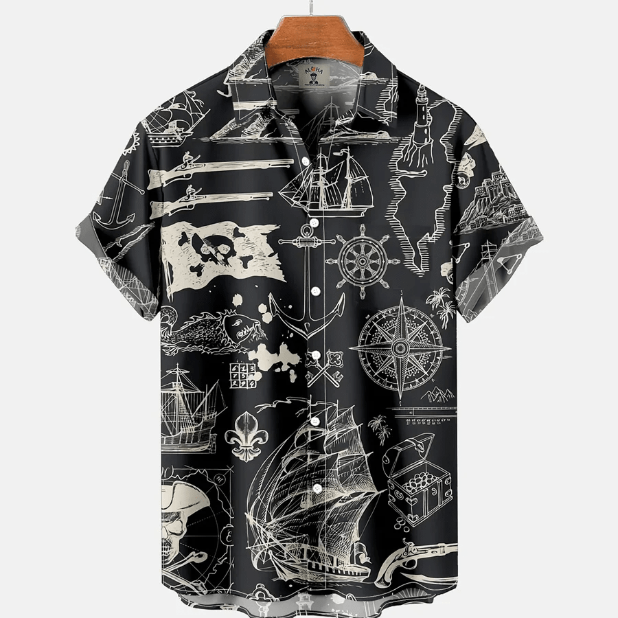 Vintage Hawaiian Nautical Pirate Ship Print Short Sleeve Trendy Hawaiian Shirt