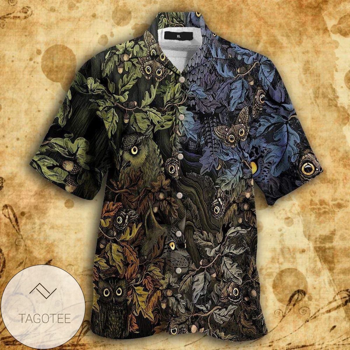 Vintage Hawaiian Shirt Showcasing Forest Owls In A Goa Setting