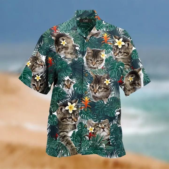 Vintage Hawaiian Shirt with Tropical Leafs and Quirky Cats