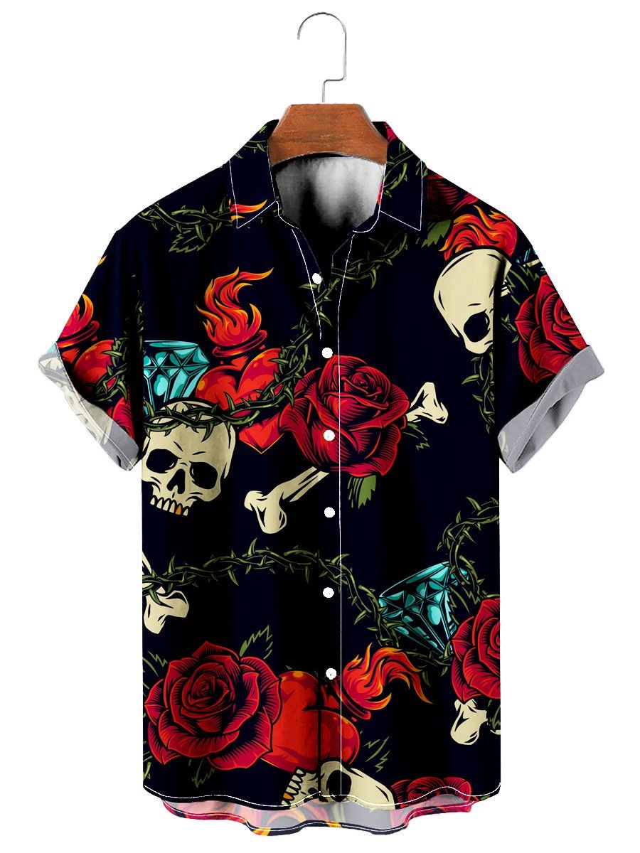 Vintage Hawaiian Shirts Black Skull Heart Rose Easy Care Aloha Shirt