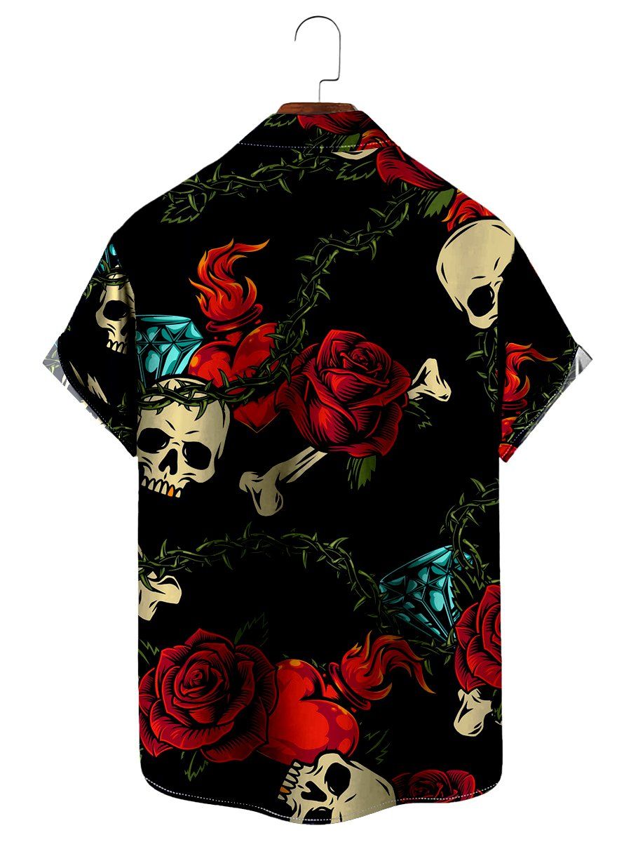 Vintage Hawaiian Shirts Black Skull Heart Rose Easy Care Aloha Shirt