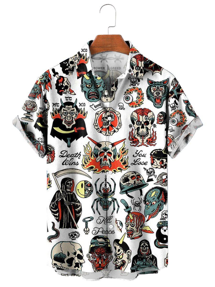 Vintage Hawaiian Shirts Skull Ghost Print Easy Care Chest Pocket Aloha Shirts Vintage Hawaiian Shirts Skull Ghost Print Easy Care Chest Pocket Aloha Shirts