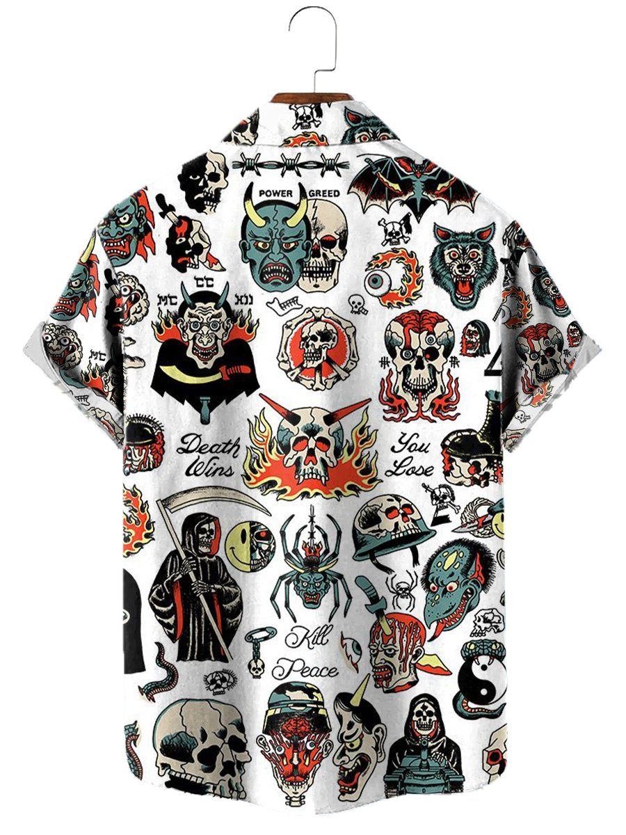 Vintage Hawaiian Shirts Skull Ghost Print Easy Care Chest Pocket Aloha Shirts