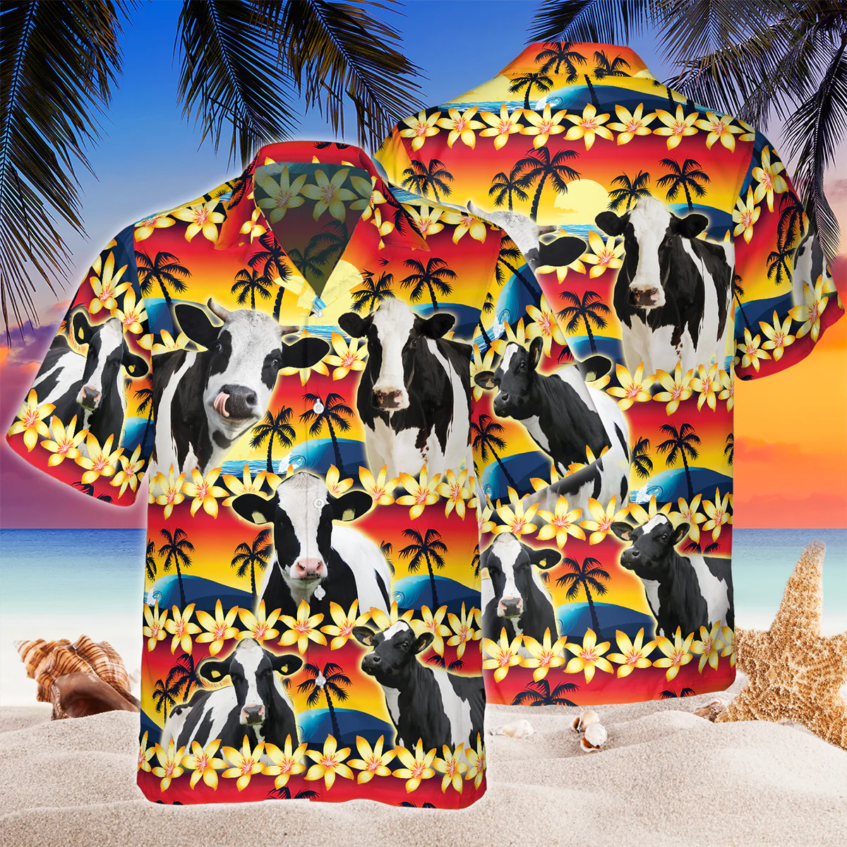 Vintage Holstein Tropical Sunset Hibiscus And Palm Tree Trendy Hawaiian Shirt, Trendy Hawaiian Shirt