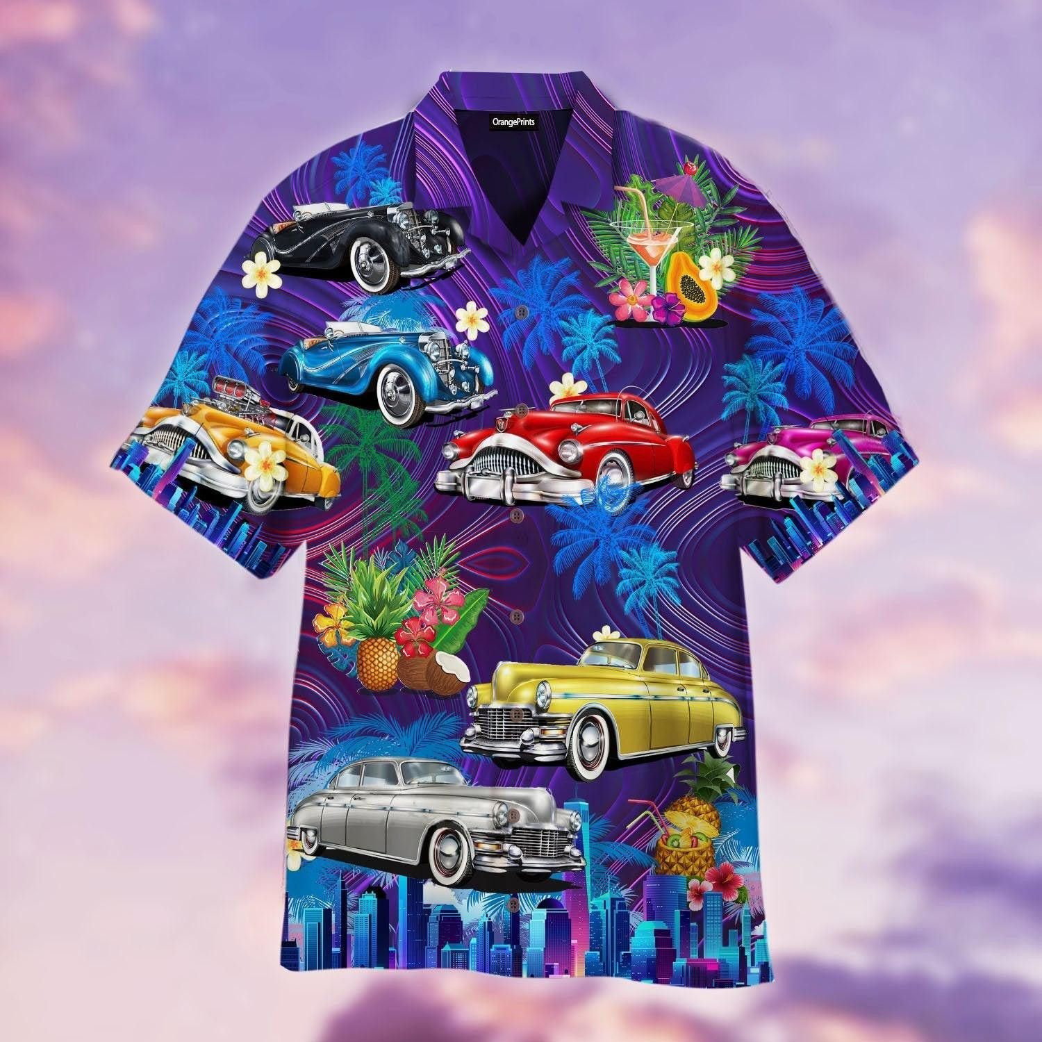 Vintage Hot Rod Car Sunset Beach Hawaiian Shirt For
