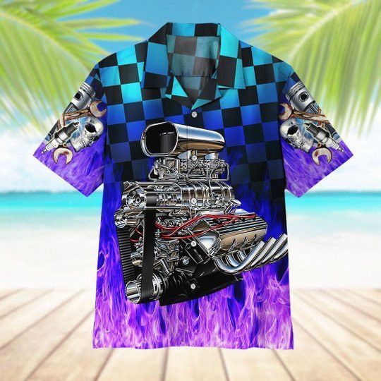 Vintage Hot Rod Engine Purple Flame All Printed 3D Trendy Hawaiian Shirt