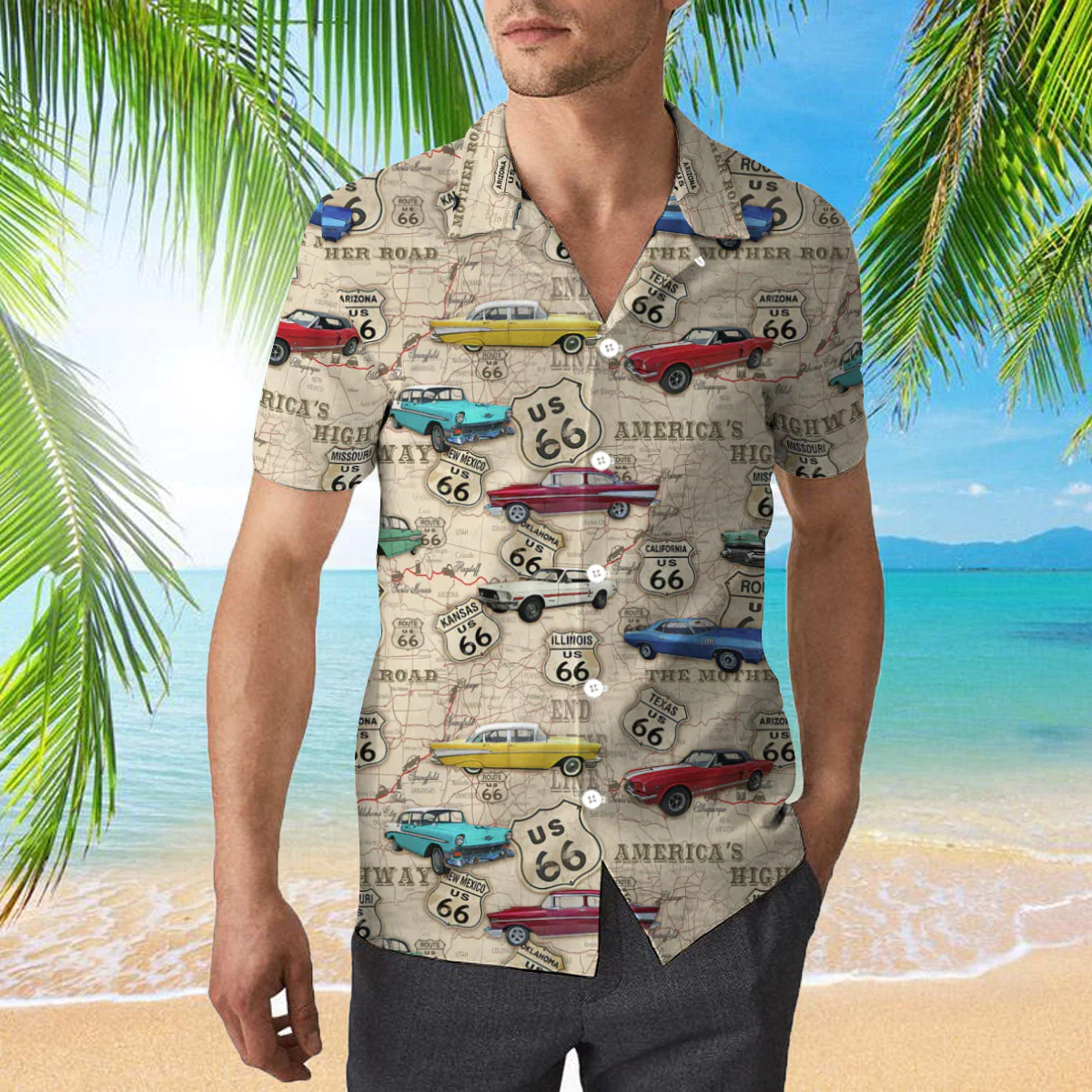 Vintage Muscle Car On Route 66 Aloha Trendy Hawaiian Shirts For Men & For Women