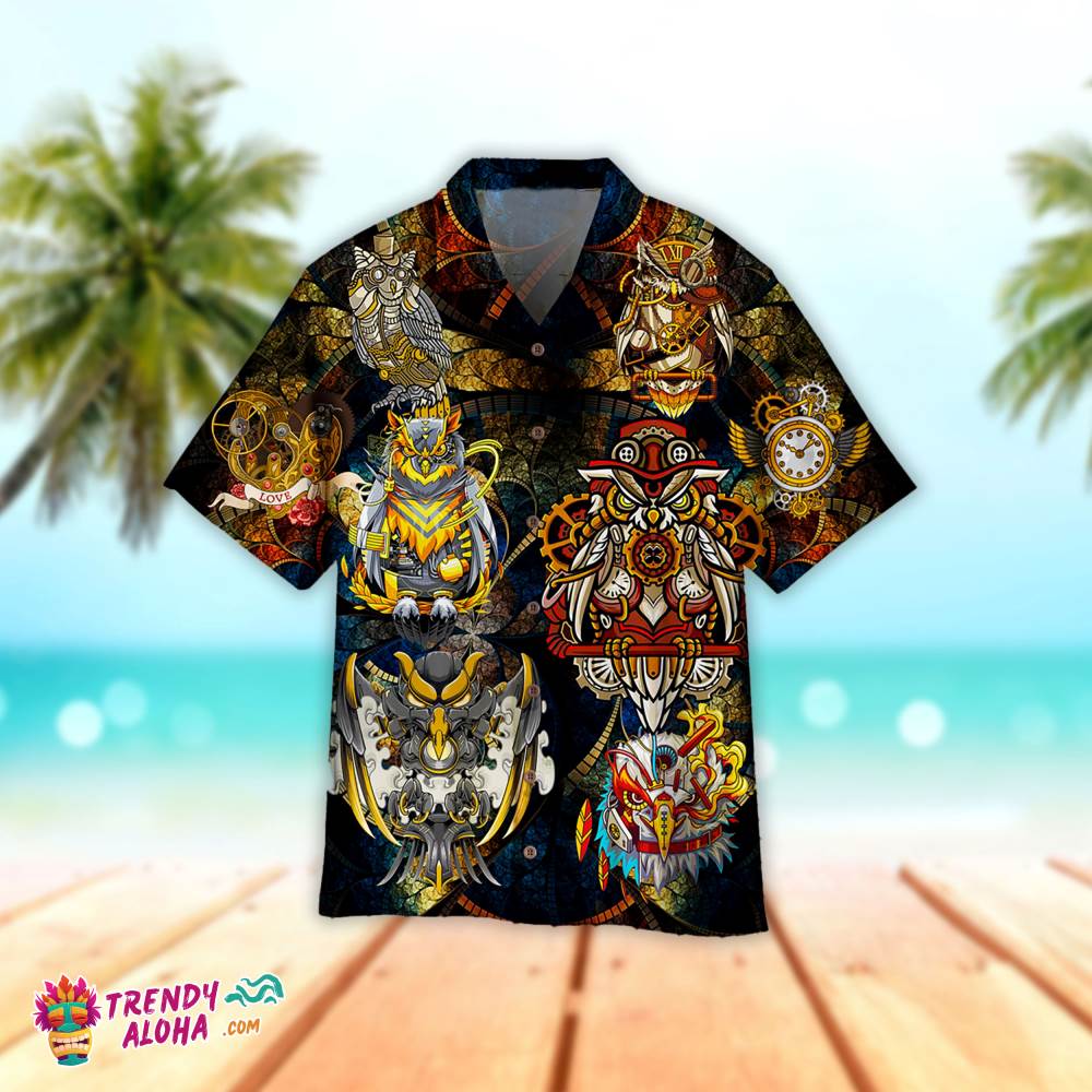 Vintage Owl Hawaiian Aloha Beach Shirt