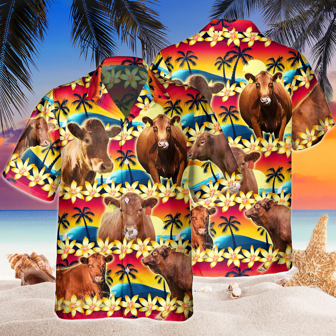 Vintage Red Angus Tropical Sunset Hibiscus And Palm Tree All Over Printed 3D Hawaiian Shirt