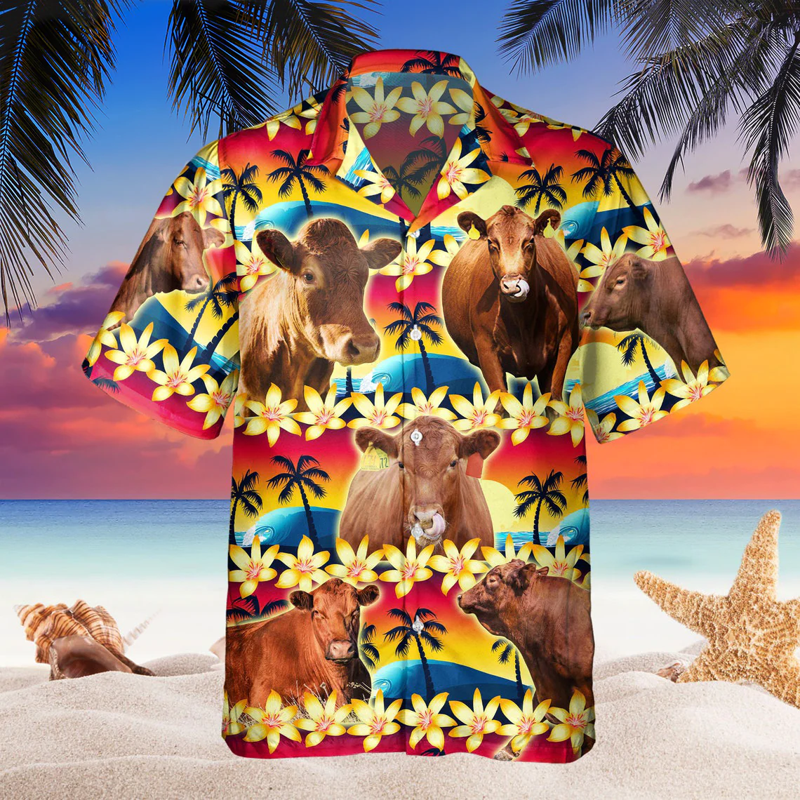 Vintage Red Angus Tropical Sunset Hibiscus And Palm Tree All Over Printed 3D Hawaiian Shirt