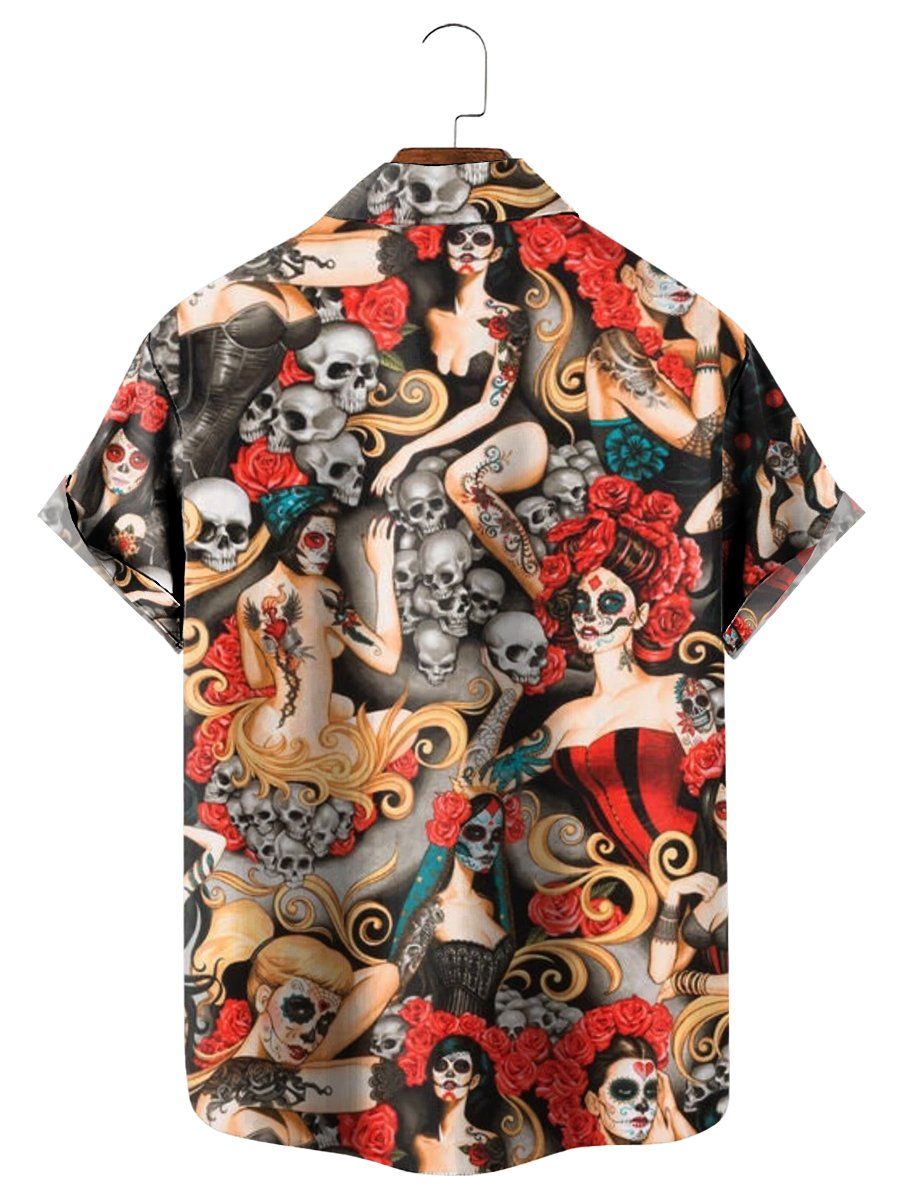 Vintage Skull Beauty Print Short Sleeve Hawaiian Shirt